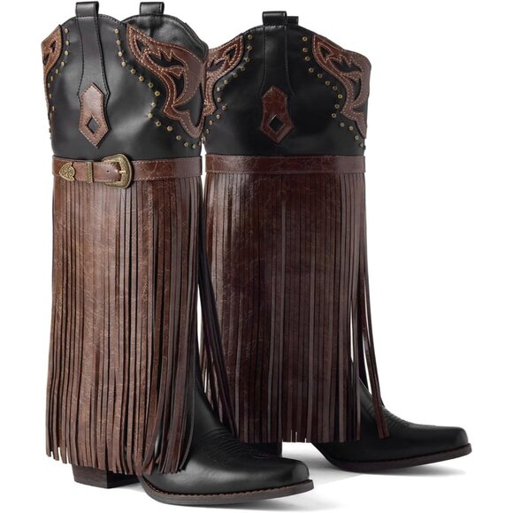 ⚡Women's Brown Fringe Embroidered Western Knee High Cowgirl Boots Chunky Heel - Picture 1 of 6